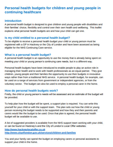 Personal Healthcare Budget Example