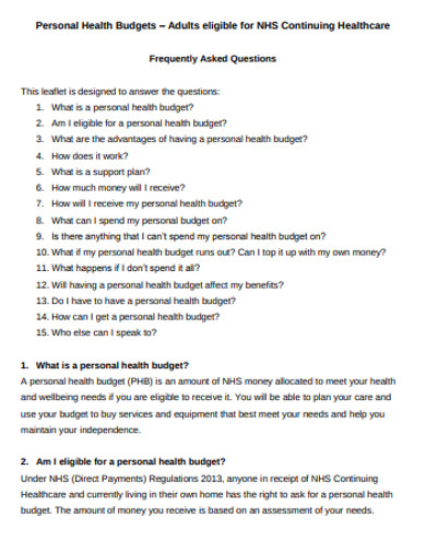 Sample Personal Healthcare Budget Example