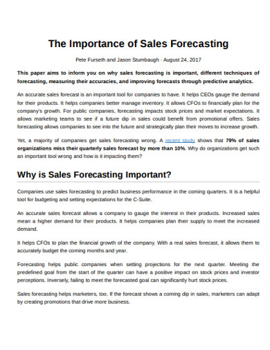 sample sales forecasting management example