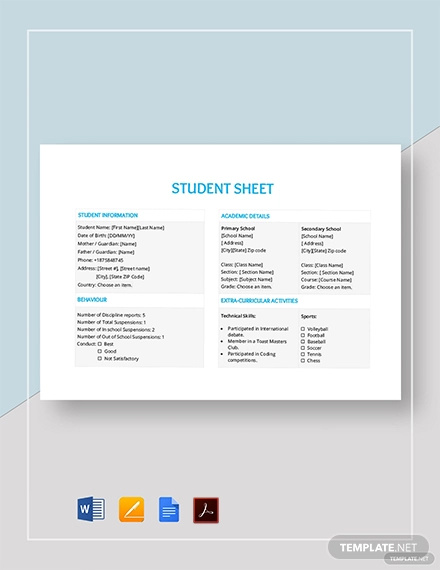 student sheet template