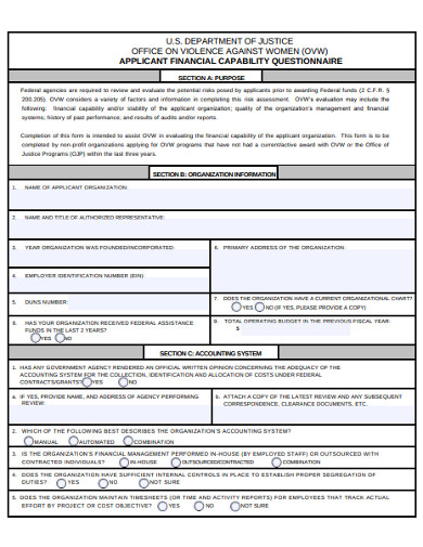 applicant financial capability questionnaire example