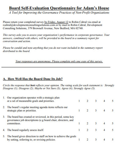 board self evaluation questionnaire for house