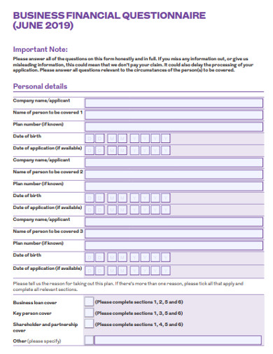 business financial questionnaire example