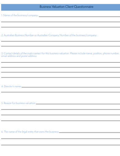 business valuation client questionnaire