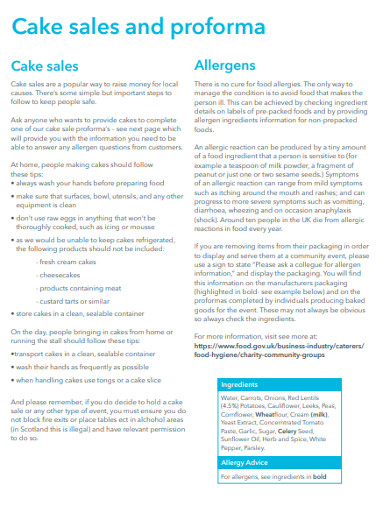 cake sales and proforma example