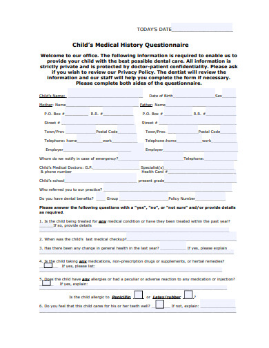 child’s medical history questionnaire