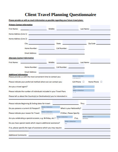 client travel planning questionnaire example