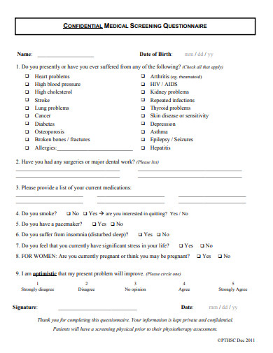 confidential medical screening questionnaire