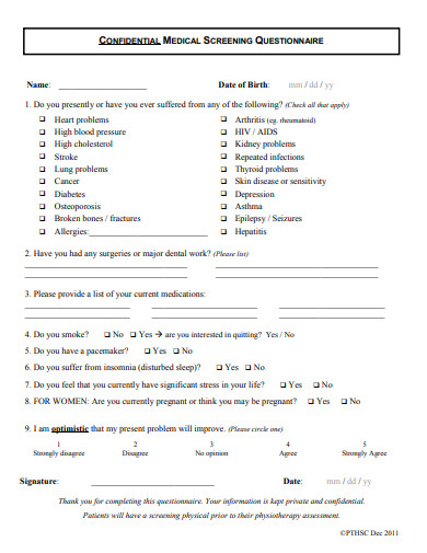 Medical Screening Questionnaire - 10+ Examples, Format, How To Prepare, Pdf