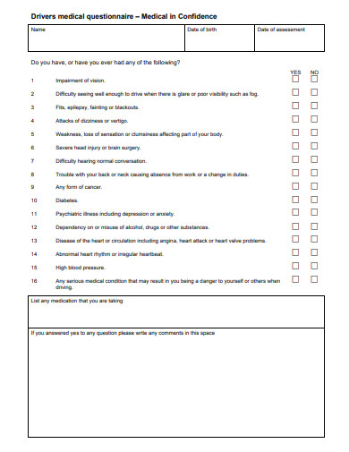 driver health questionnaire checklist