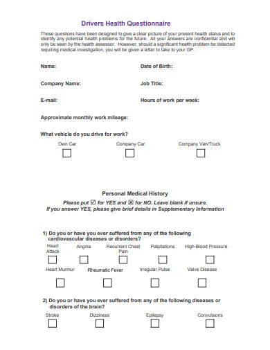 drivers medical health questionnaire