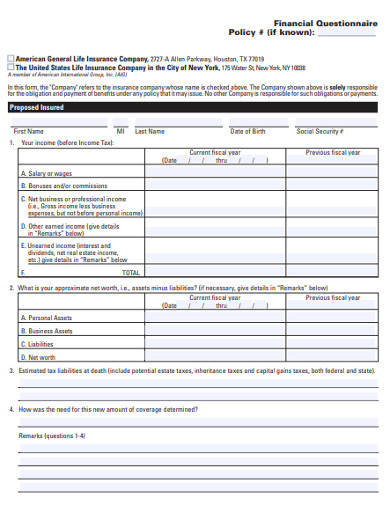 financial questionnaire policy