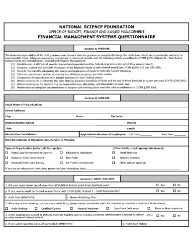 financial science foundation management questionnaire