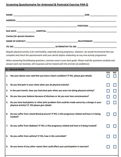 fitness exercise screening questionnaire