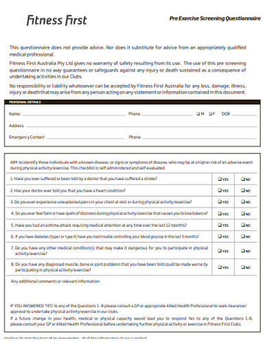 fitness pre exercise screening questionnaire