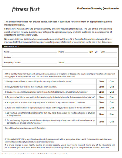 Health Screening Questionnaire Example Sport