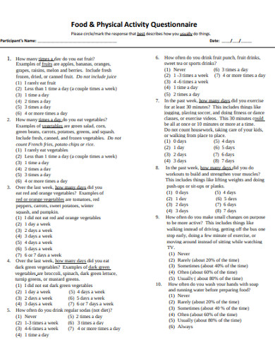 food and physical activity questionnaire example