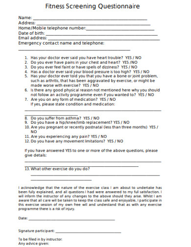 formal fitness screening questionnaire 