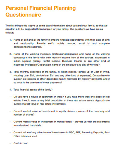 formal personal financial planning questionnaire example