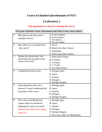 laboratory course evaluation questionnaire
