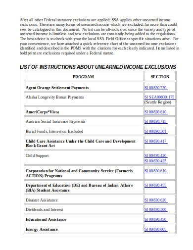 list of unearned income exclusions