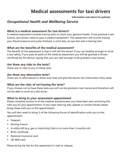 medical assessments for taxi drivers questionnaire