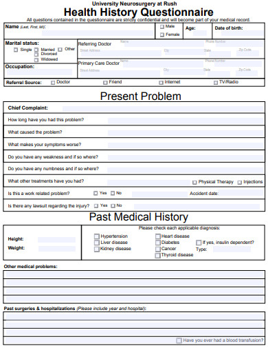 medical health history questionnaire form