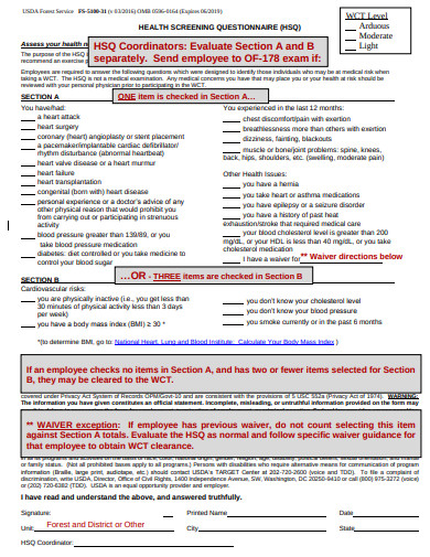 medical health screening questionnaire
