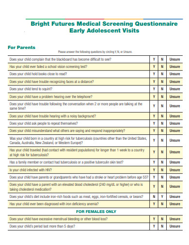 medical screening questionnaire checklist