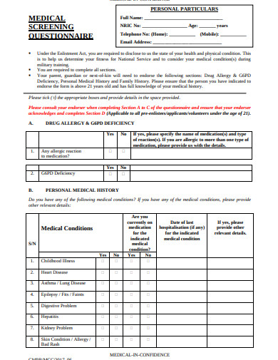 medical screening questionnaire form