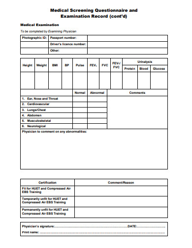 medical screening questionnaire and examination record form