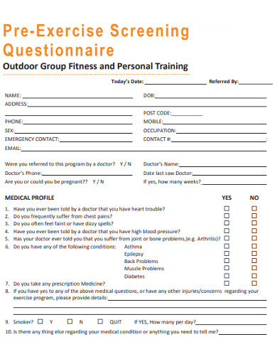 personal fitness training screening questionnaire