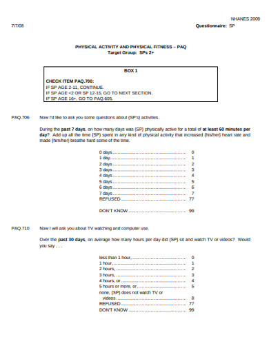 physical fitness survey questionnaire example