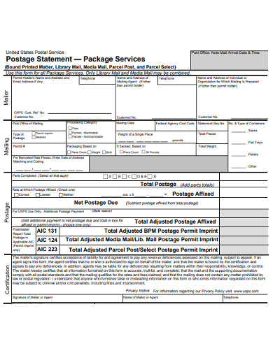 postage pakage service statement example