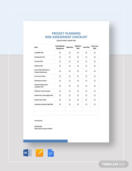 Project Planning Risk Assessment Checklist Template