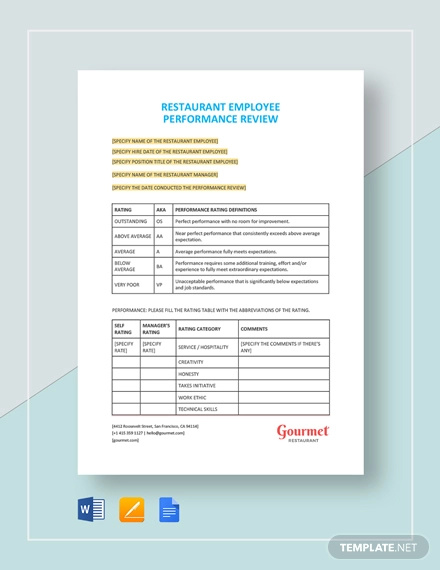 restaurant employee performance review form template