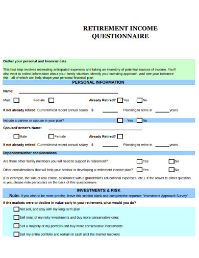 retirment income planning questionnaire example