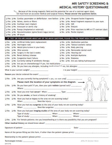 safety screening and medical history questionnaire