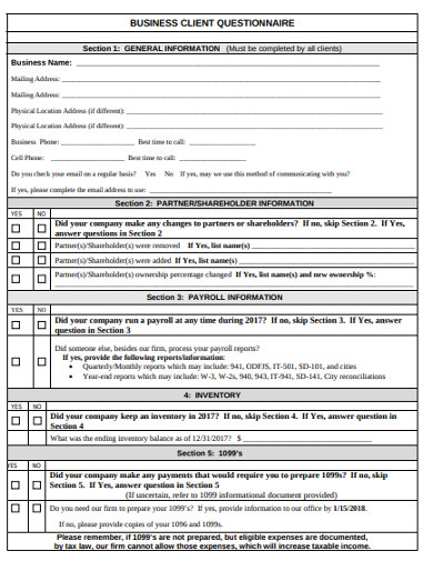 sample business client questionnaire example