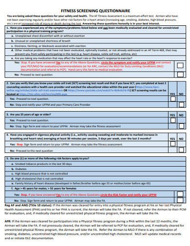 sample fitness screening questionnaire example
