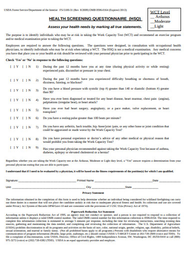 sample health fitness screening questionnaire