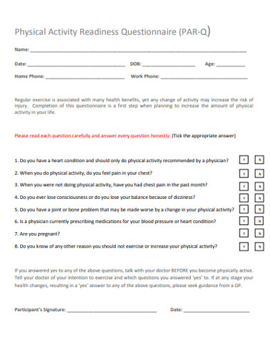 sample physical activity readiness questionnaire
