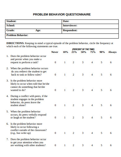 sample problem behavior questionnaire example
