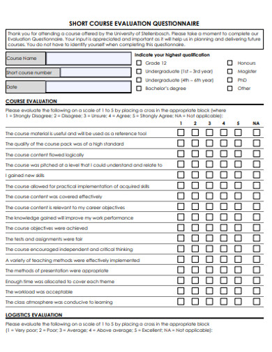 short course evaluation questionnaire example
