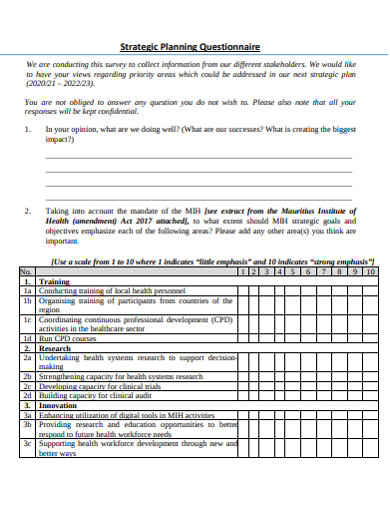 Simple Strategic Planning Questionnaire Example