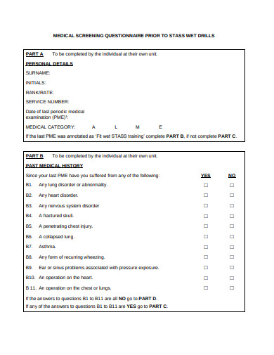 Staff Medical Screening Questionnaire