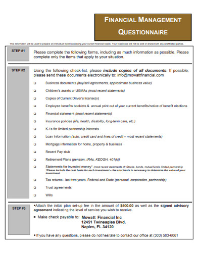 standard financial management questionnaire example