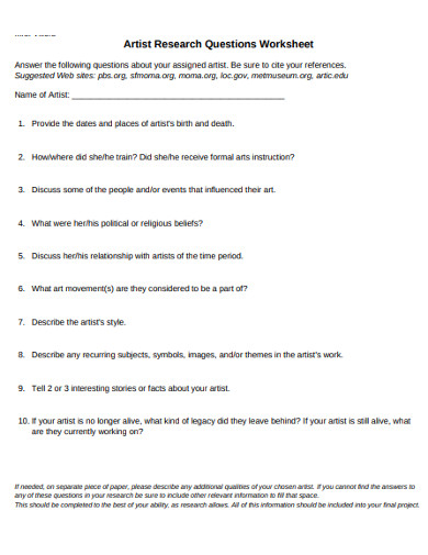 artist research questions worksheet