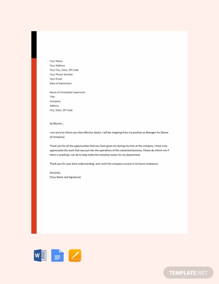 free manager resignation letter template