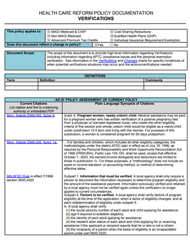 health care reform policy documentation example